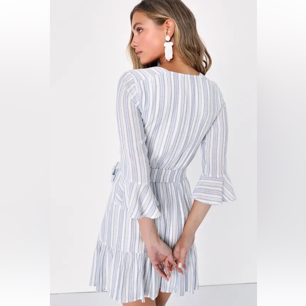 Lulus Blue and White Striped Wrap Dress with Bell Sleeves - Picture 3 of 7